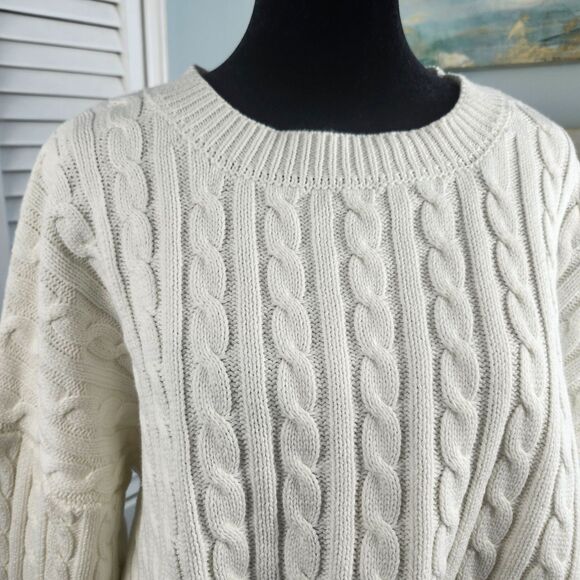 Forever 21 Sweater M Ivory Cropped Cable Knit Chunky Fisherman Cozy Cotton - Picture 2 of 7